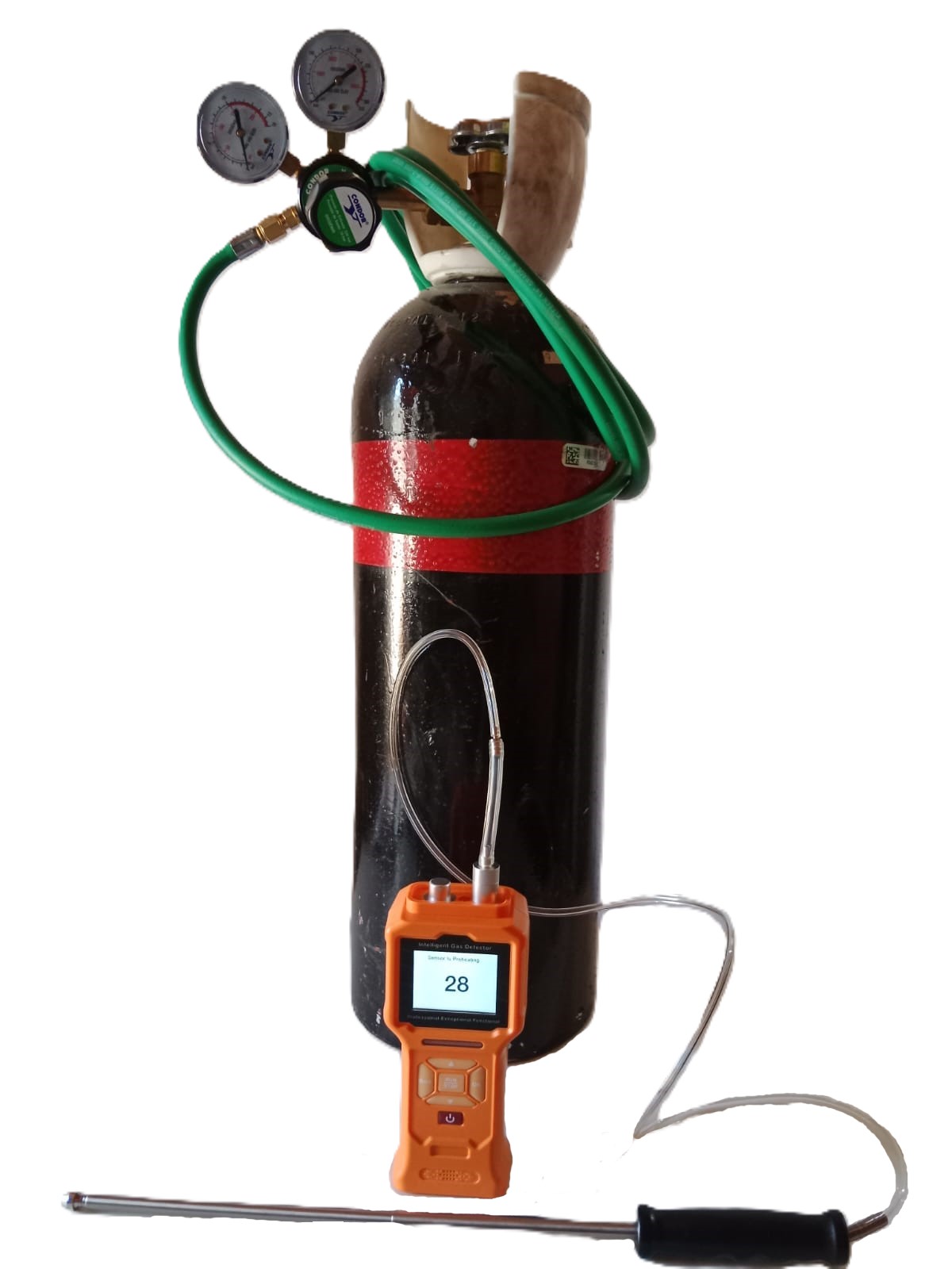 Cilindro, regulador y carro utilizados en detección mediante gas trazador